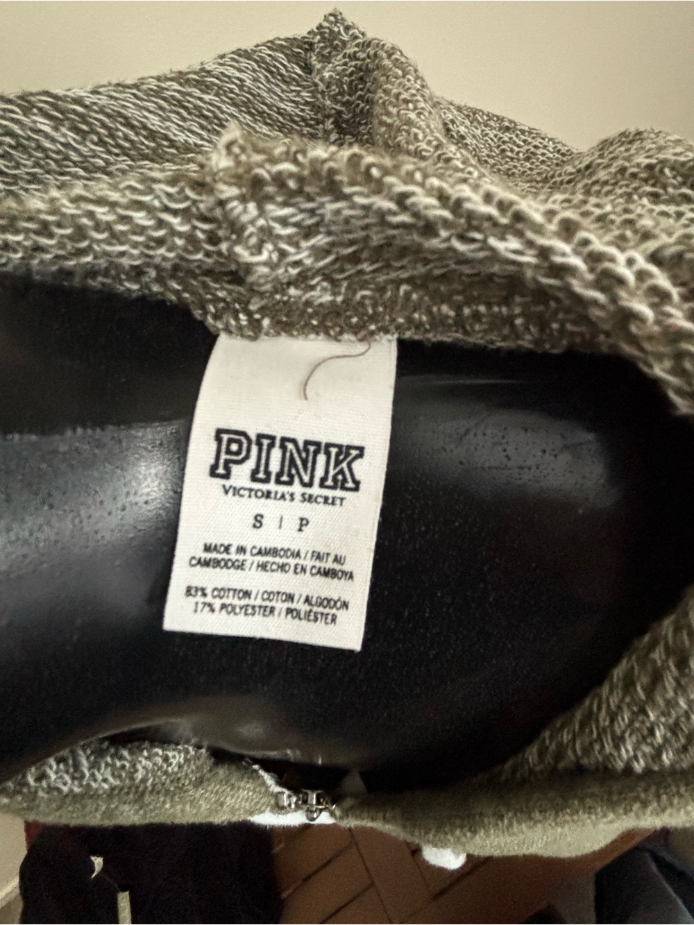PINK Victoria's Secret Women’s Olive Zip-Up Hoodie with White Drawstrings - Picture 2 of 2